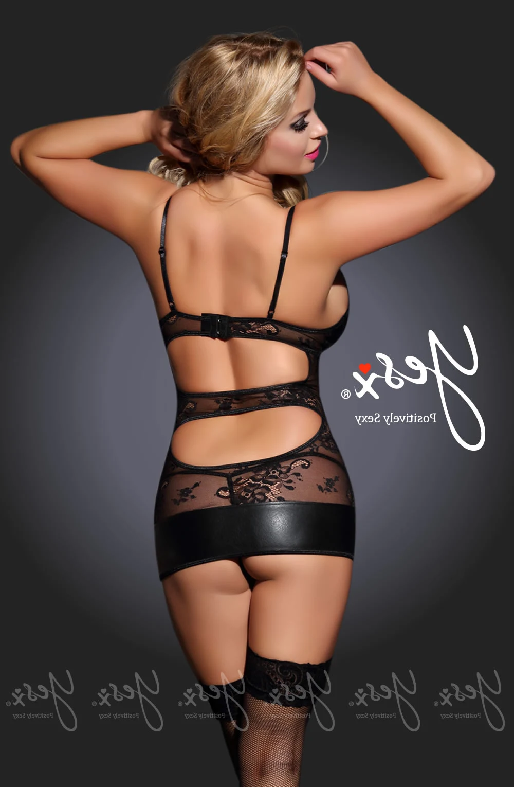 image 3 of YesX YX336 Black Lace & Vinyl Lingerie Set with Stockings & Thong