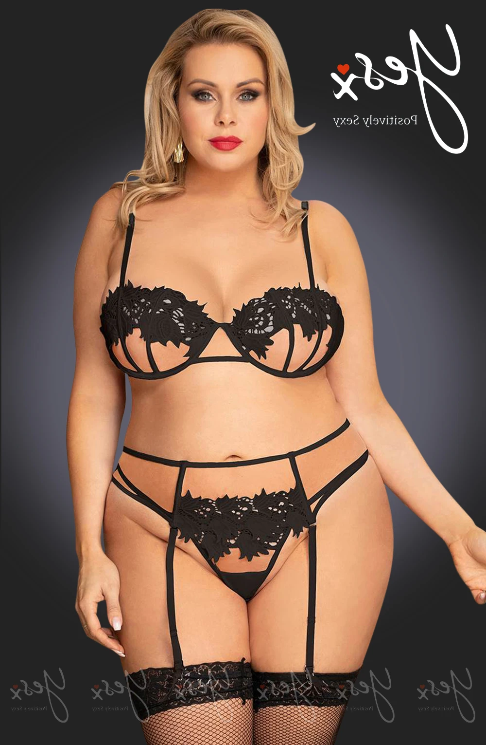 image 2 of YesX YX953Q Black Mesh Embroidered 3pc Lingerie Set