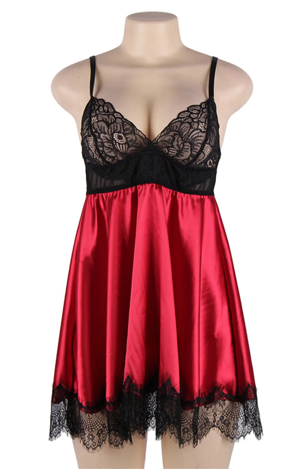 image 3 of YesX YX832 Satin Babydoll with Matching Blindfold - Red & Black Lace