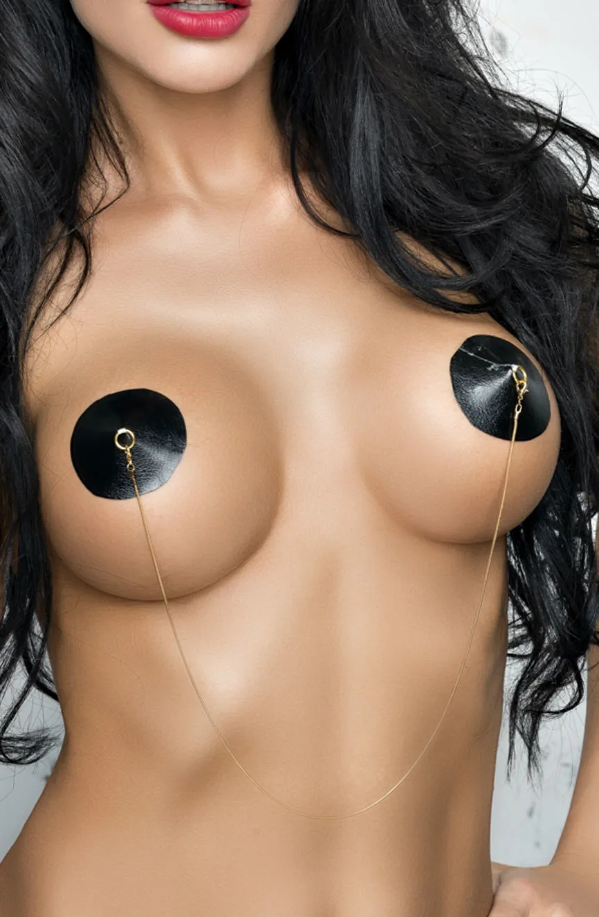 Me Seduce NC020 Black Faux Leather Nipple Covers with Chain