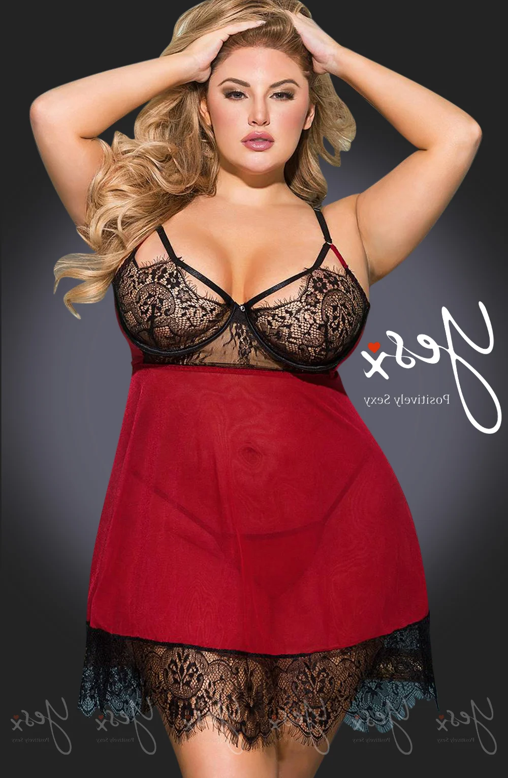 image of YesX Plus Size YX958Q Black/Red Lace Trimmed Babydoll