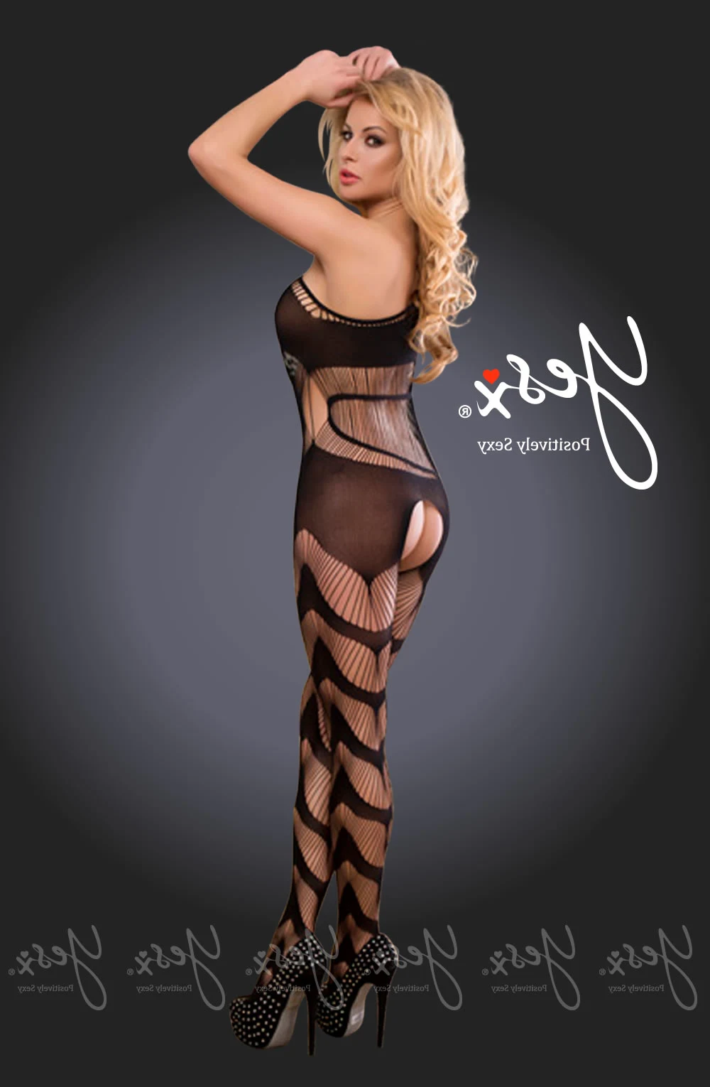 image 2 of YesX YX940 Black One Shoulder Striped Crotchless Bodysuit