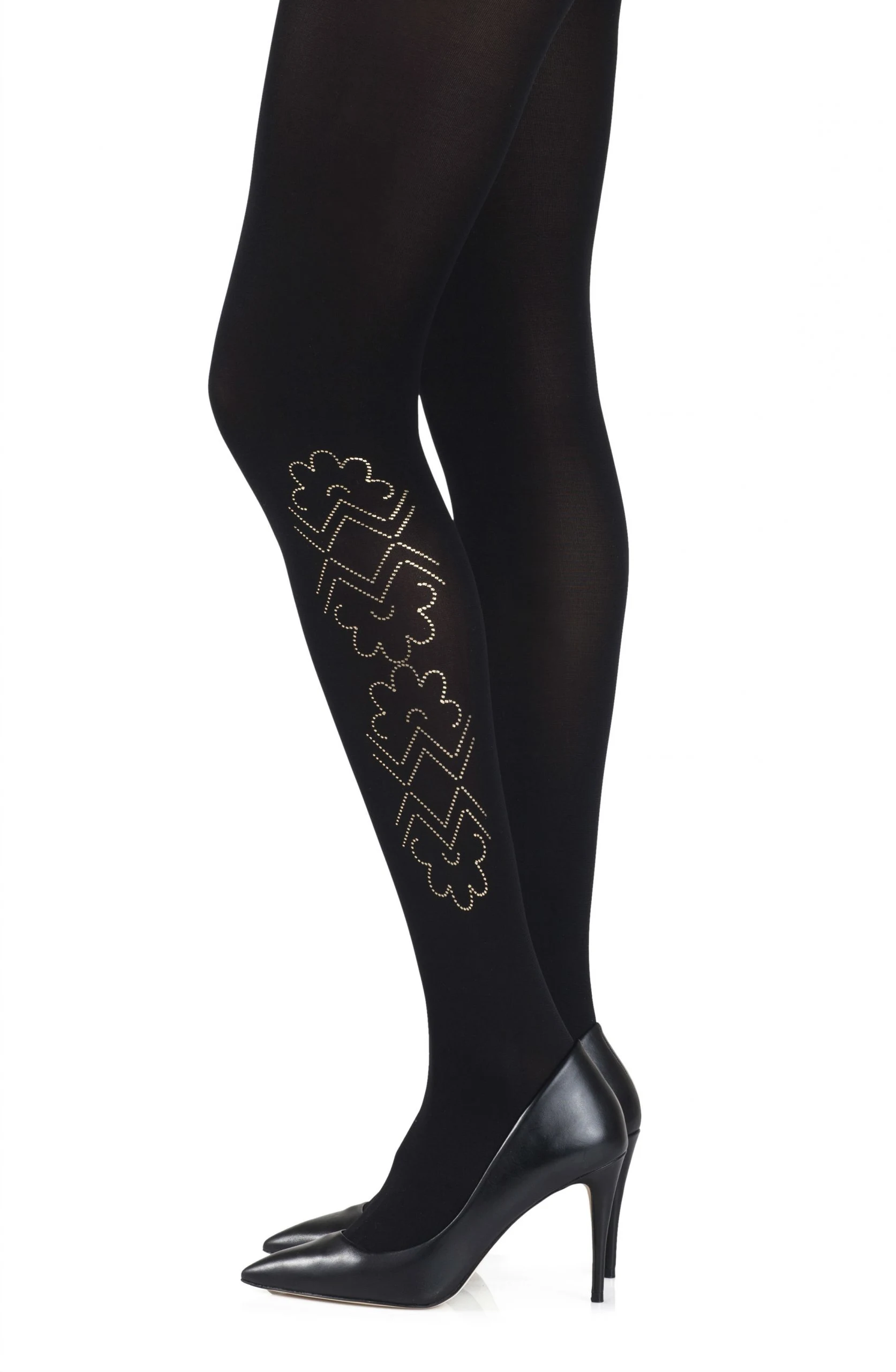 Zohara Black & Gold Metallic Side-Print Tights - 120D Opaque