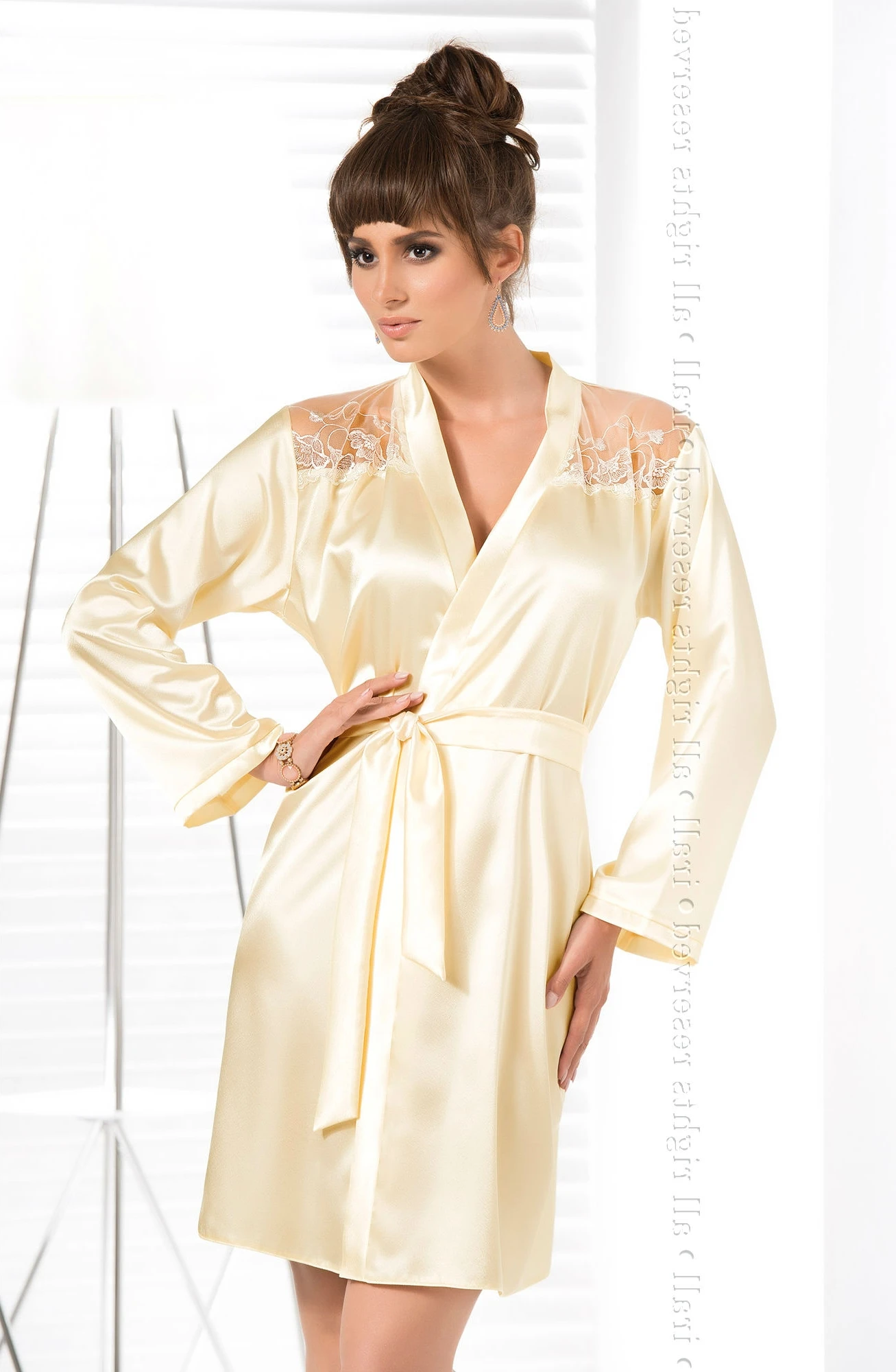 image 2 of Irall Satin Cream Dressing Gown with Floral Mesh Panels