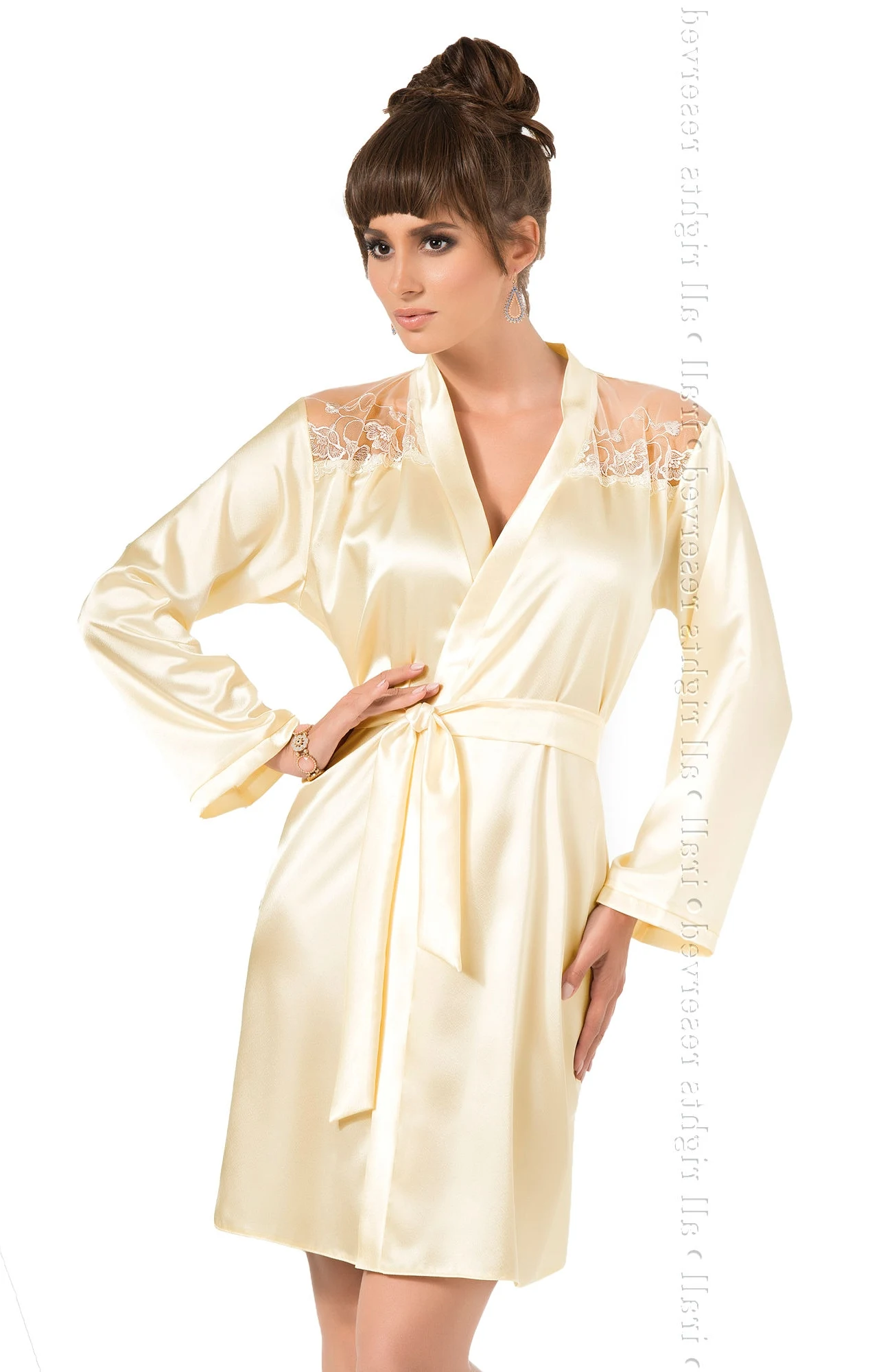 Irall Satin Cream Dressing Gown with Floral Mesh Panels