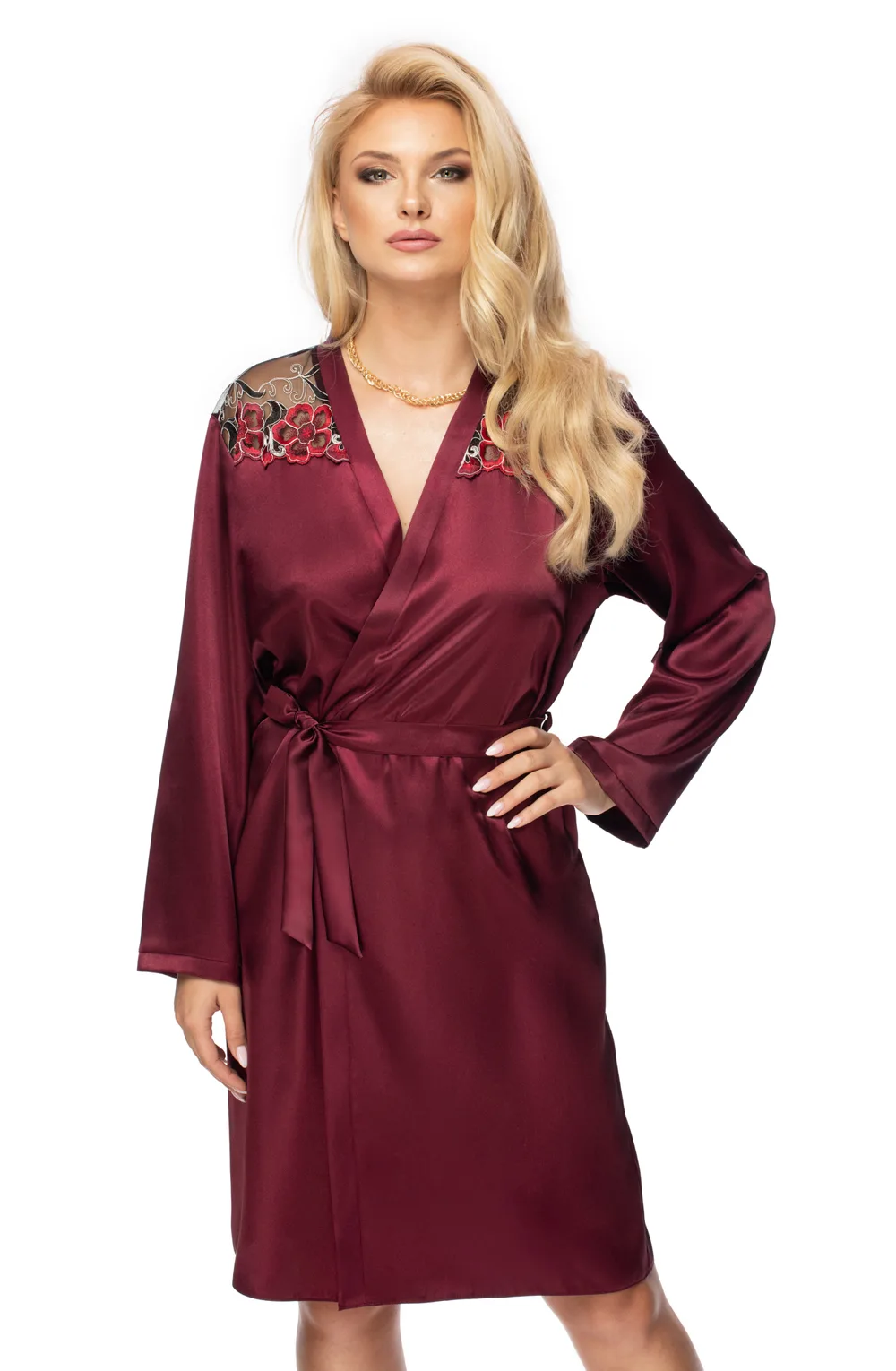 image 3 of Irall Elodie Satin Lace Robe - Burgundy