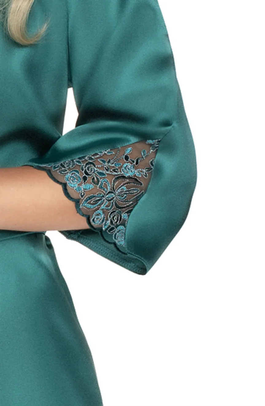 image 3 of Irall Satin Floral Embroidered Dressing Gown - Green