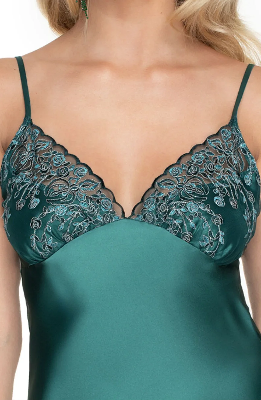 image 3 of Irall Satin Emerald II Nightdress - Floral Embroidered, Knee-length