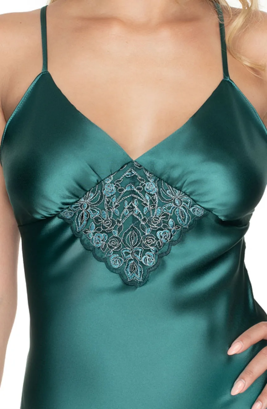 image 3 of Irall Satin Diamond Lace Nightdress - Emerald Green (Size- Plus)