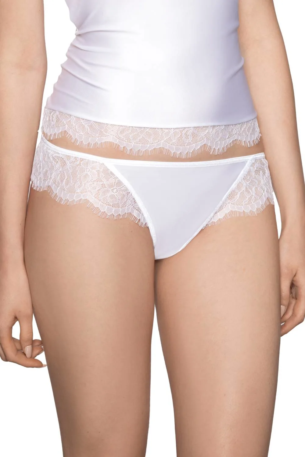 image 3 of Roza Erii White Lace Thong with Diamante & Satin Ribbon