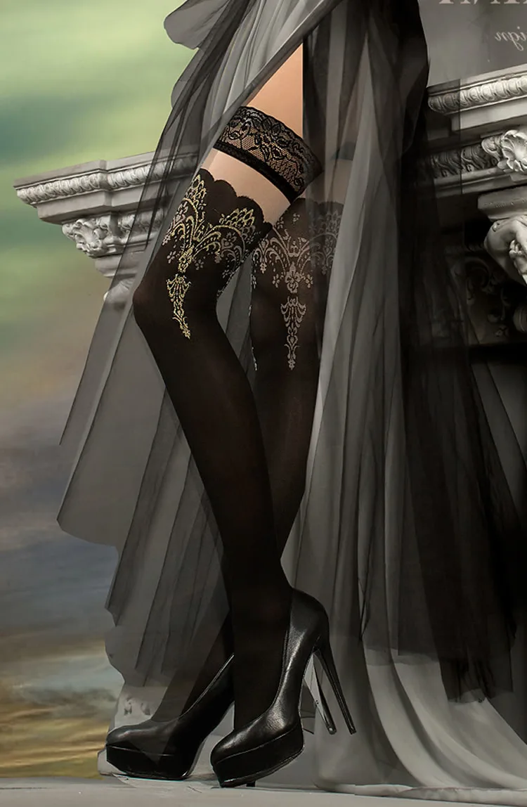 image of Ballerina Black Hold Ups with Scalloped Tops & Lurex Detailing
