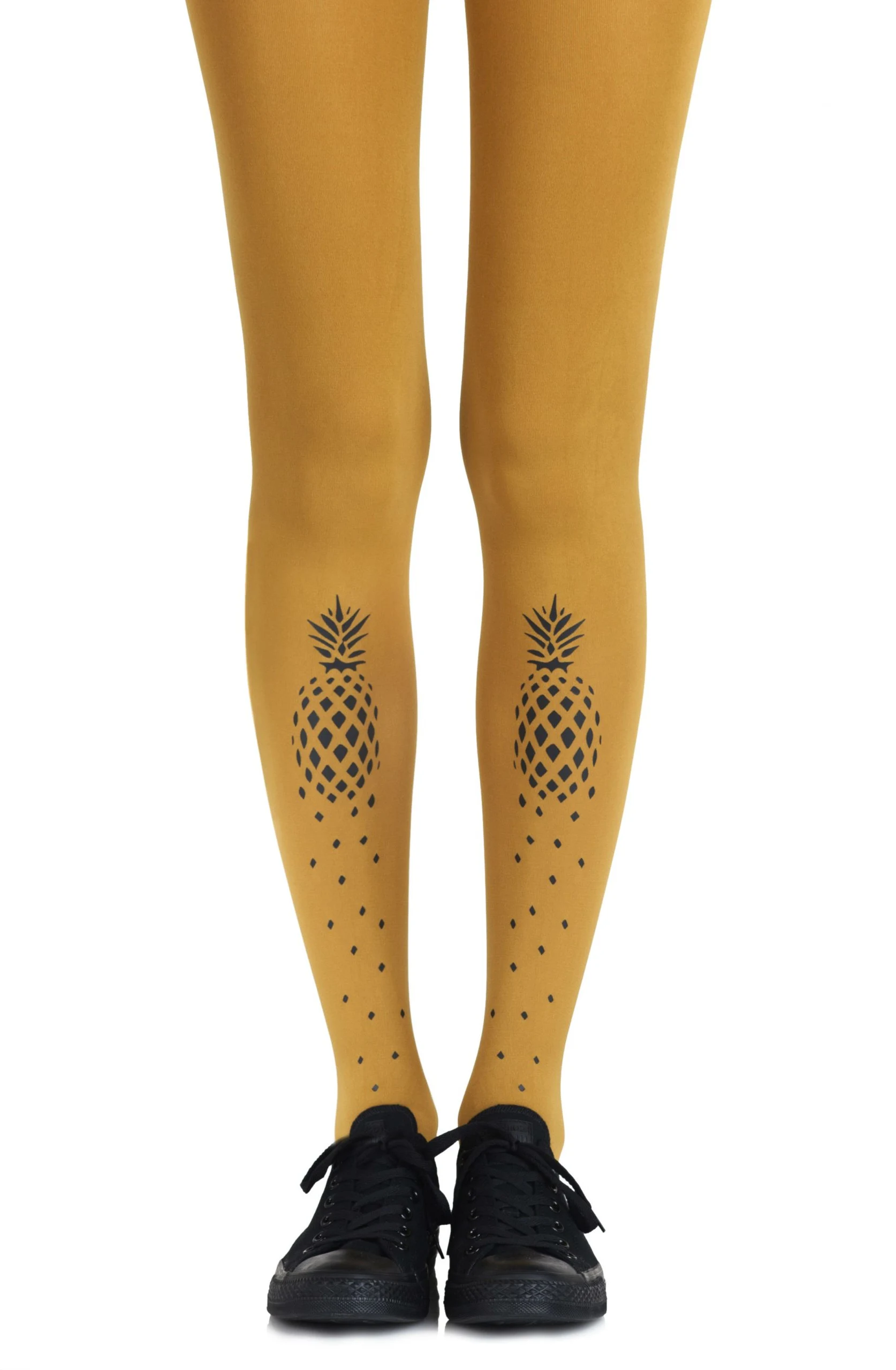 image 2 of Zohara Pineapple 120 Denier Reversible Tights - Mustard & Black Print