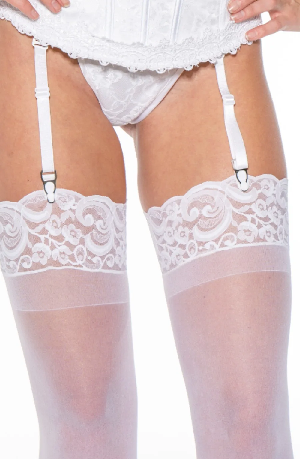 Shirley of Hollywood 90026 White Lace Top Stockings - Elegant Hosiery