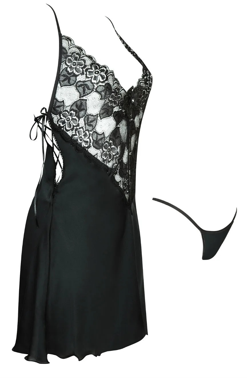 image 2 of Beauty Night BN6554 Satin Chemise with Lace Cups & Diamante Charms