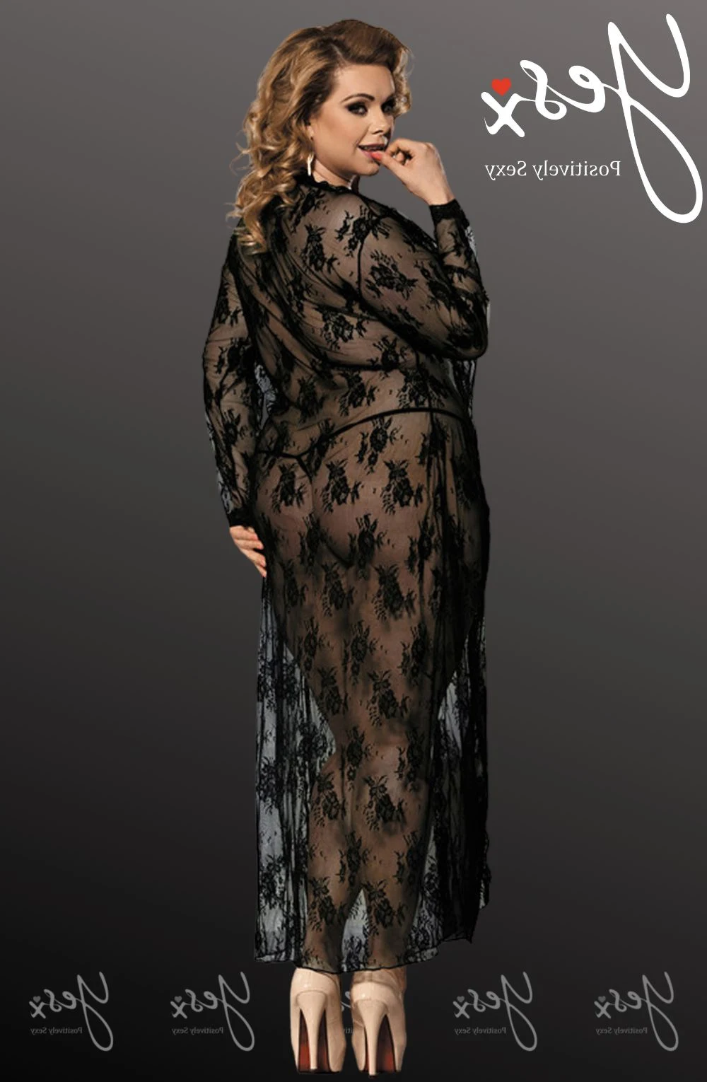 image 2 of YesX YX824Q Black Lace Gown& Thong Set - Plus Size Nightwear