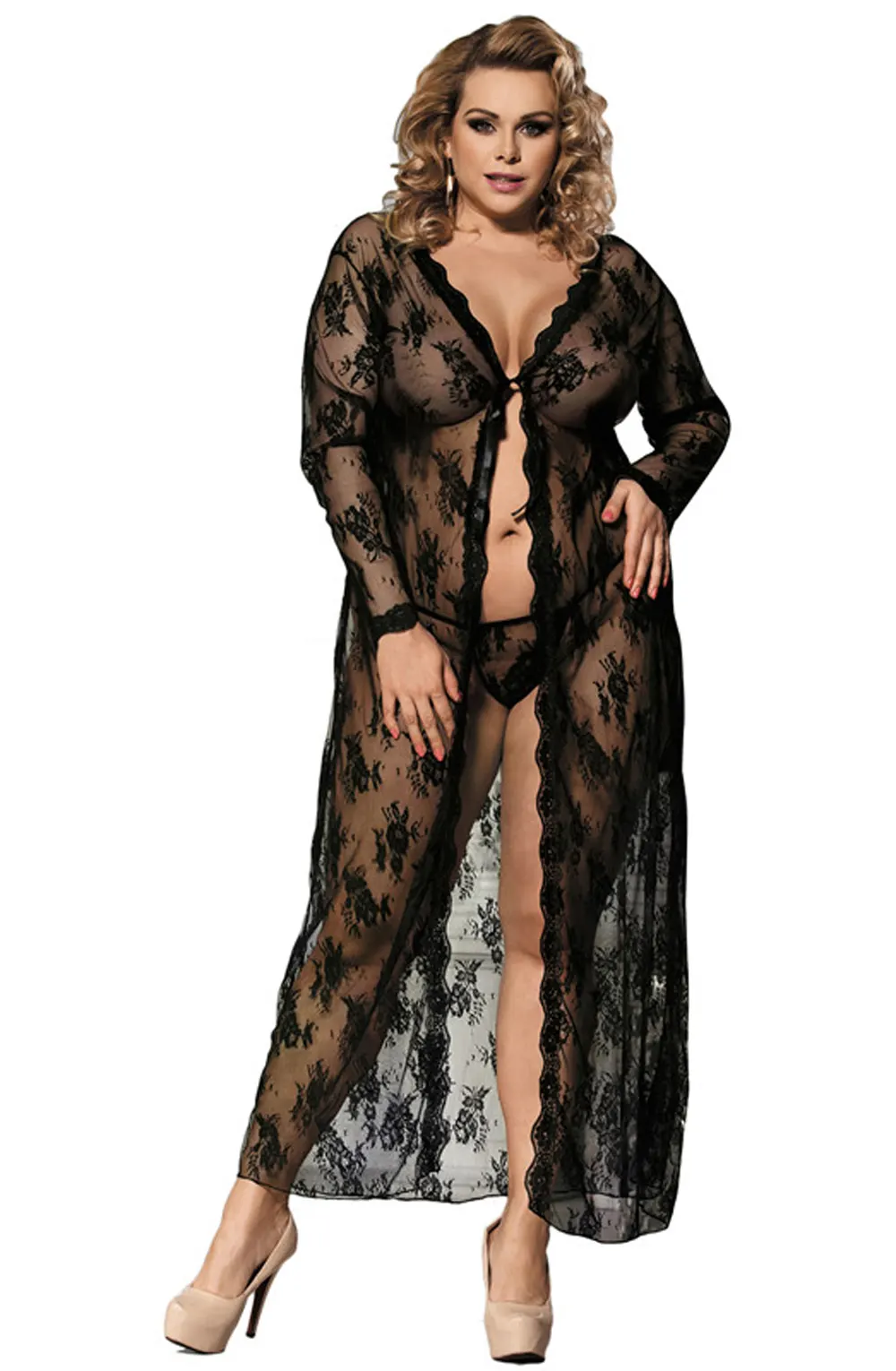 image 4 of YesX YX824Q Black Lace Gown& Thong Set - Plus Size Nightwear