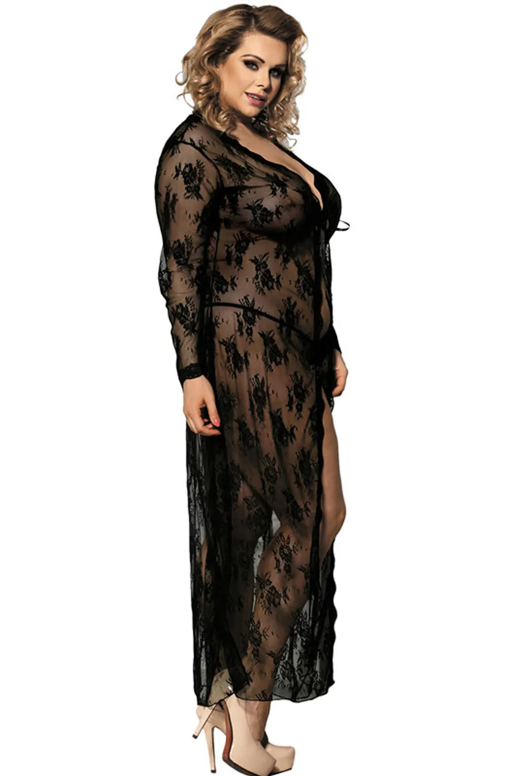 image 5 of YesX YX824Q Black Lace Gown& Thong Set - Plus Size Nightwear