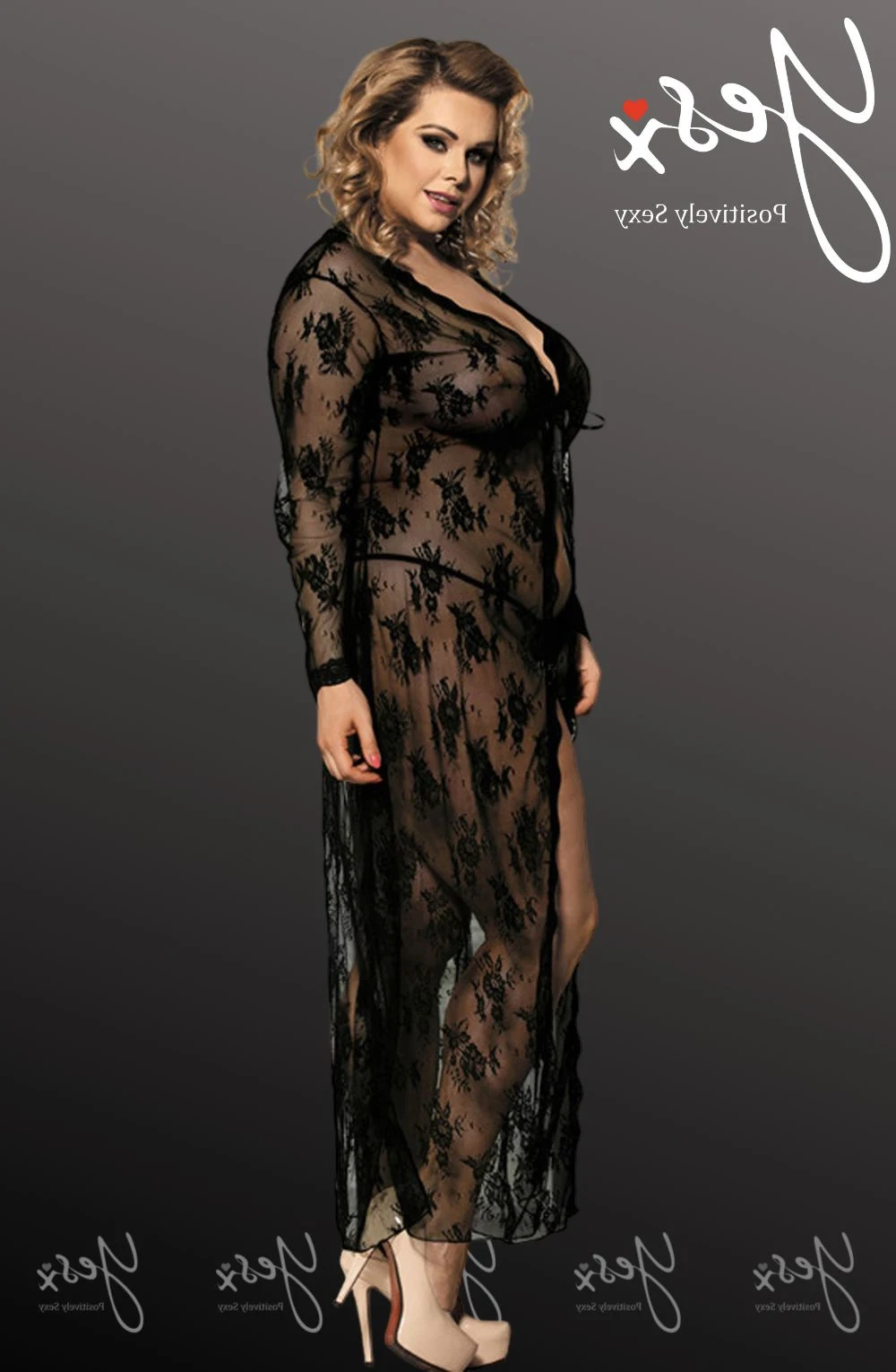 YesX YX824Q Black Lace Gown& Thong Set - Plus Size Nightwear