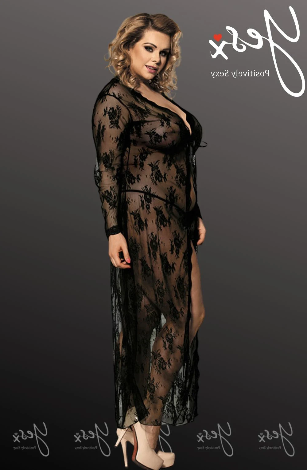 image of YesX YX824Q Black Lace Gown& Thong Set - Plus Size Nightwear