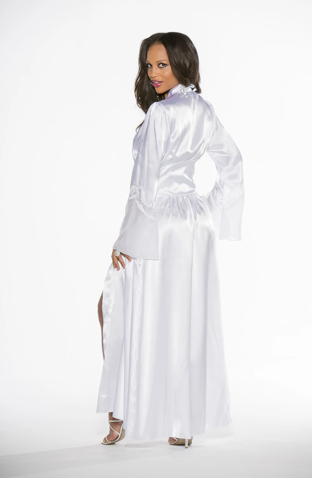 image 2 of Shirley of Hollywood Charmeuse Lace Long Robe - White Nightwear