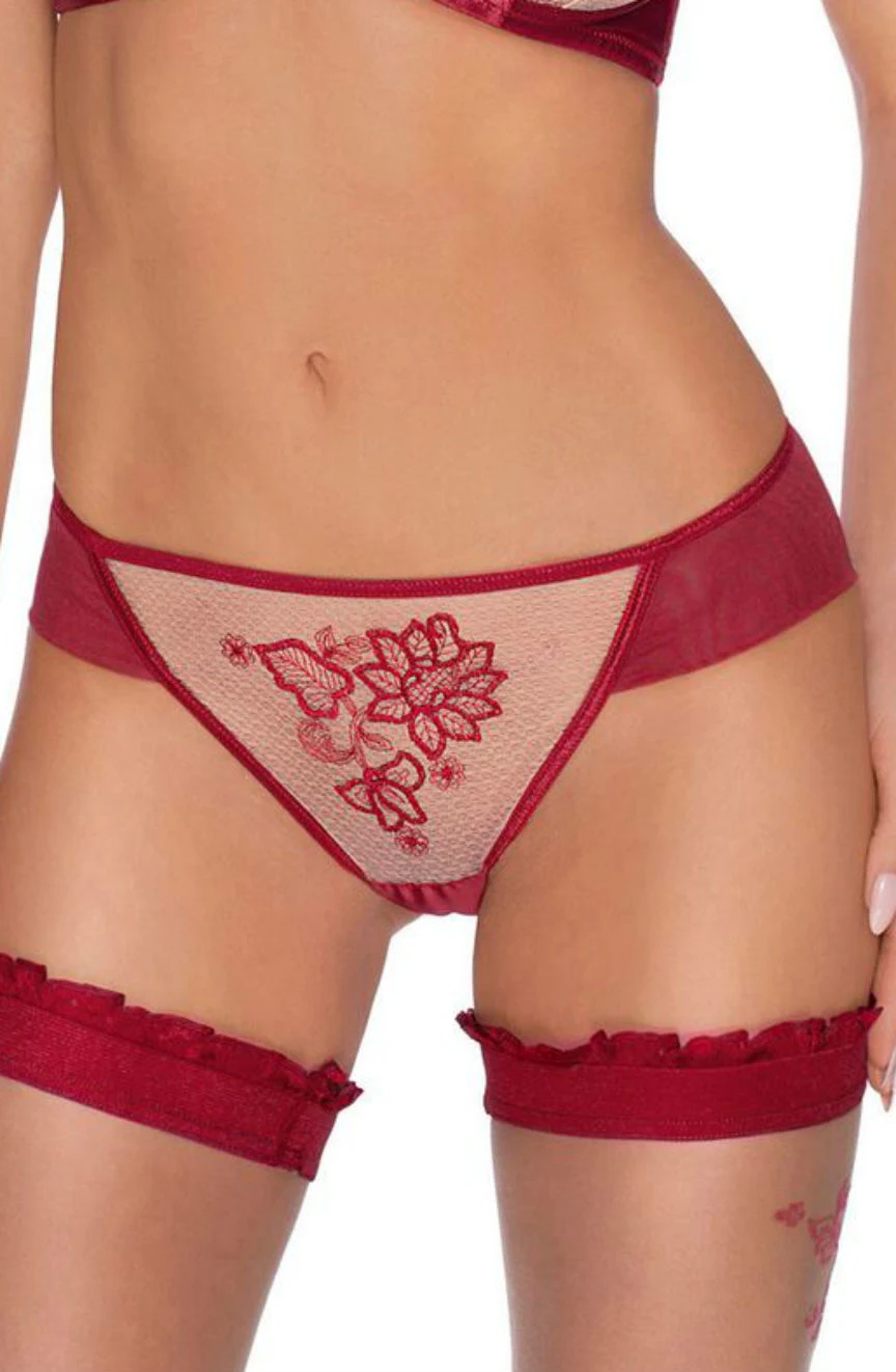 image 2 of Roza Mehendi Claret Brief - Henna Embroidered Lingerie with Nude Mesh