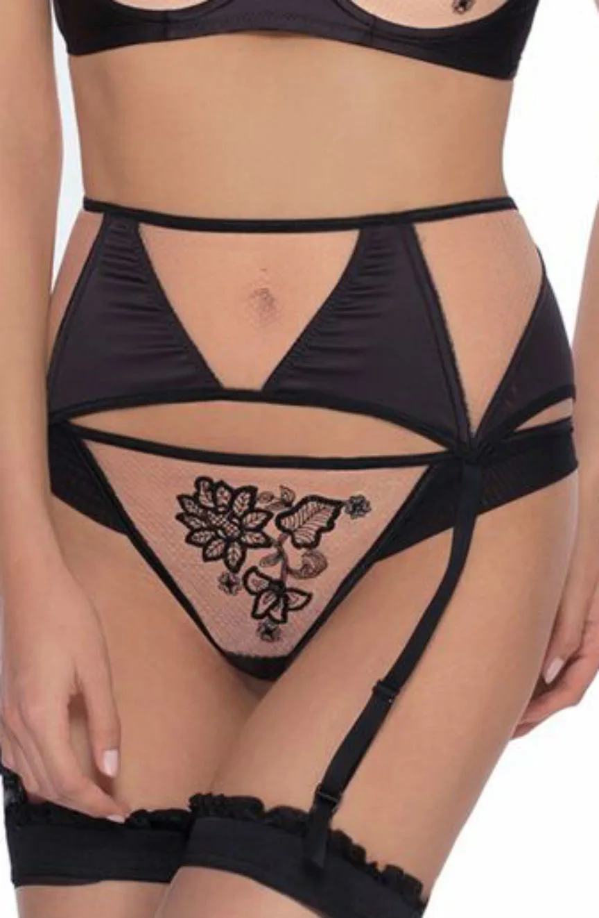 image of Roza Black Mehendi Embroidered Suspender Belt - Chic Lingerie Accessory