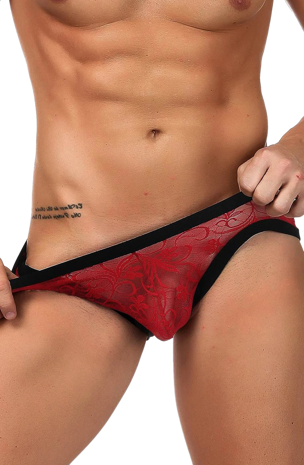 image 4 of YesX YX974 Men's Red Sheer Lace Brief - Sexy Men's Underwear