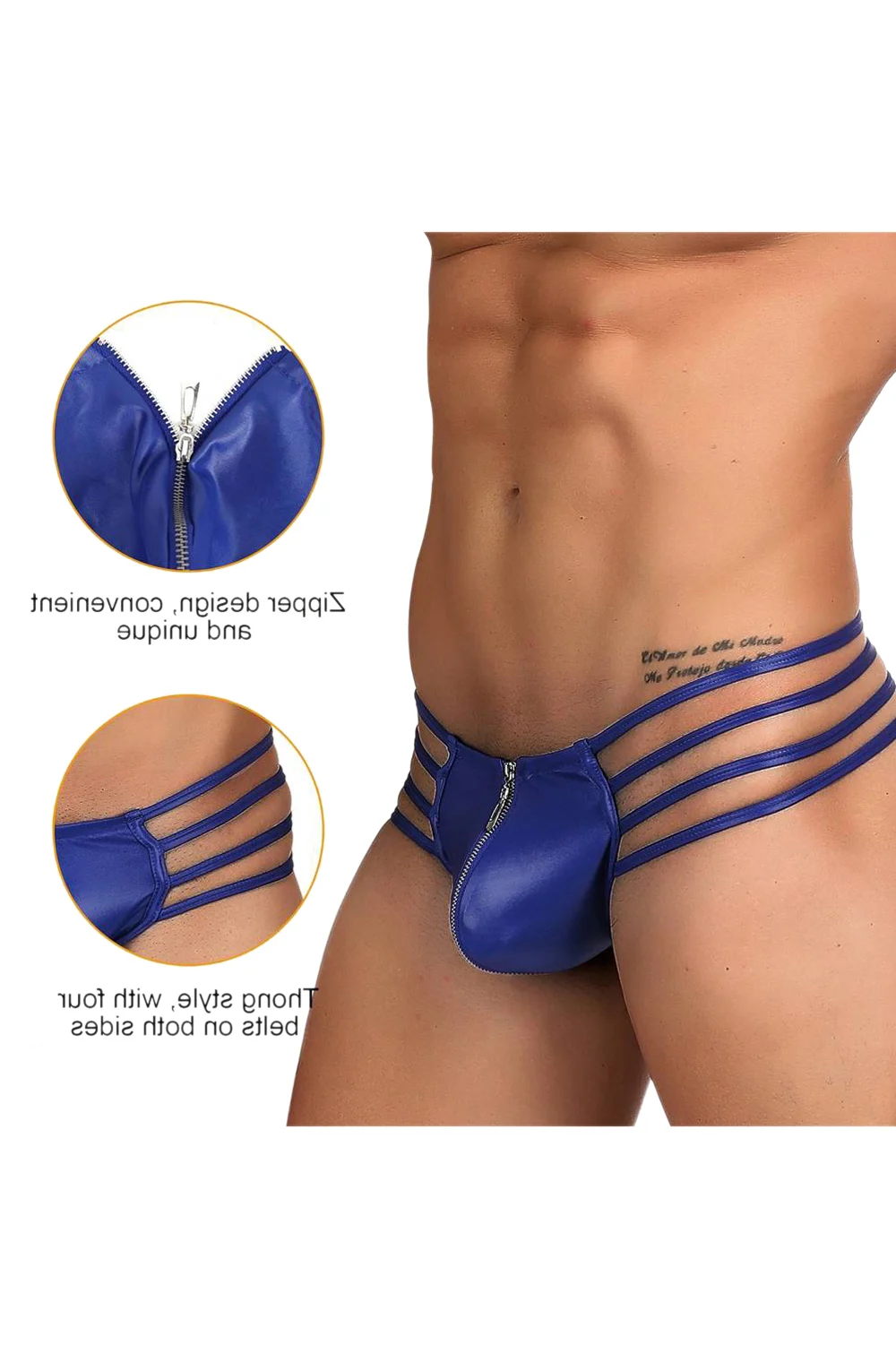 image 4 of YesX YX972 Blue Matte Look Men's Front Zip Thong