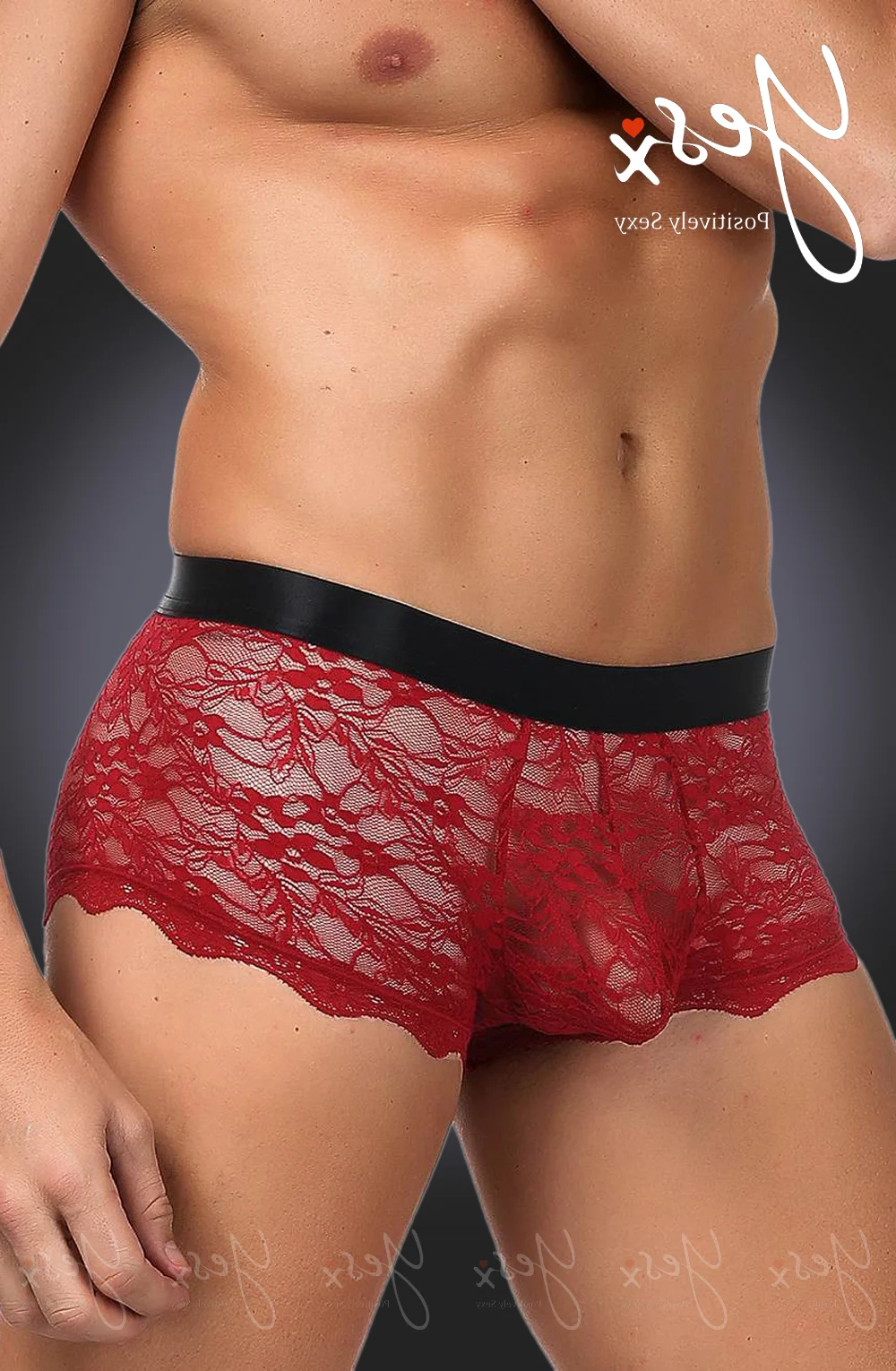 image 2 of YesX YX976 Men's Red Lace Boxer Brief with Criss-Cross Tie Detailing