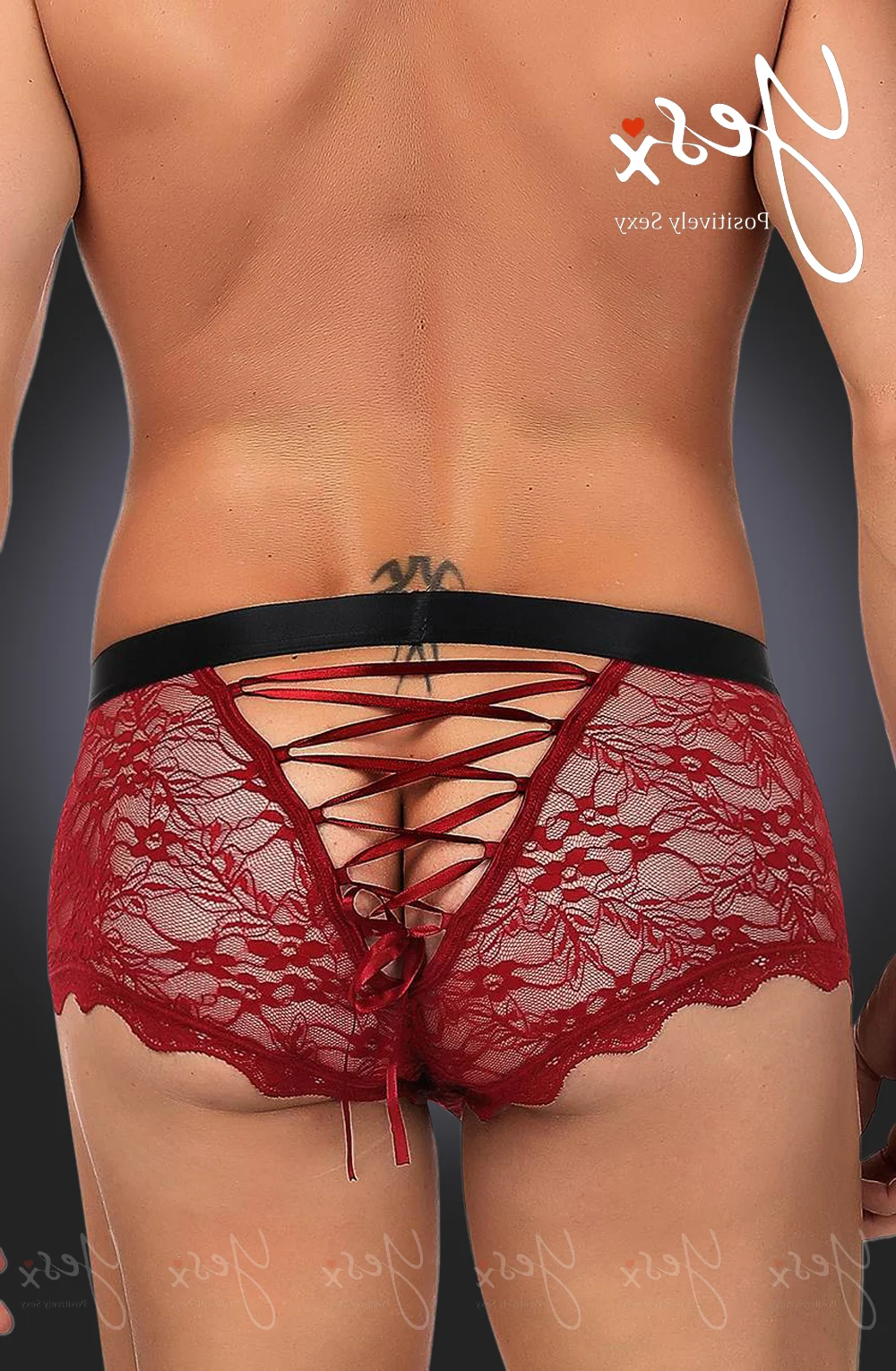 image 3 of YesX YX976 Men's Red Lace Boxer Brief with Criss-Cross Tie Detailing