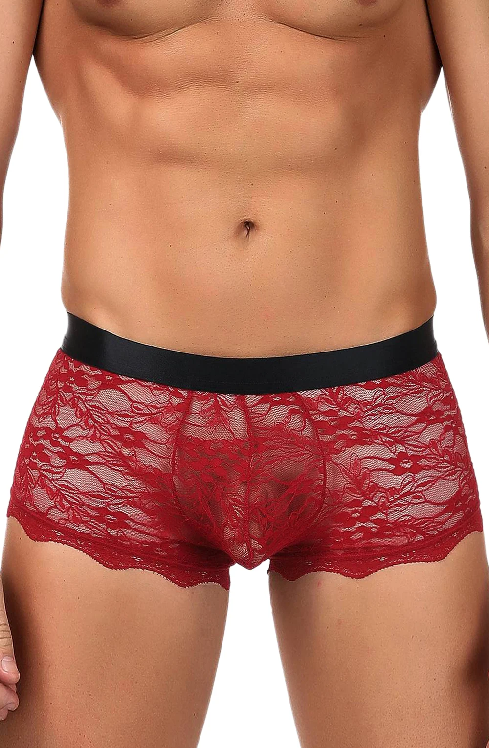 image 4 of YesX YX976 Men's Red Lace Boxer Brief with Criss-Cross Tie Detailing