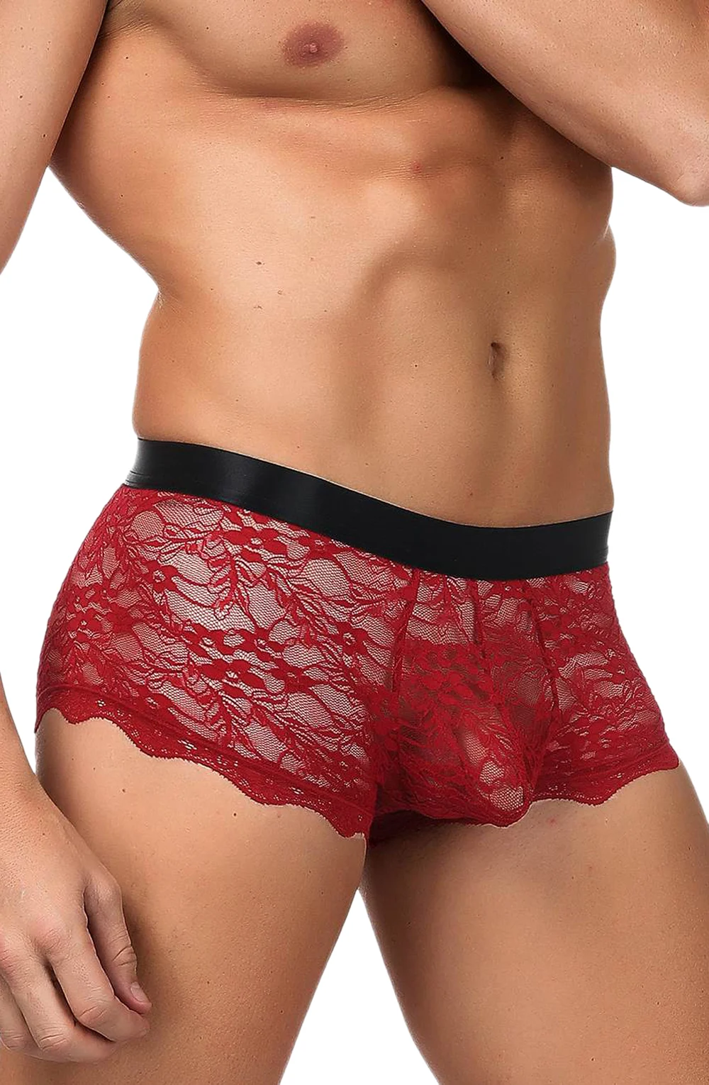 image 5 of YesX YX976 Men's Red Lace Boxer Brief with Criss-Cross Tie Detailing