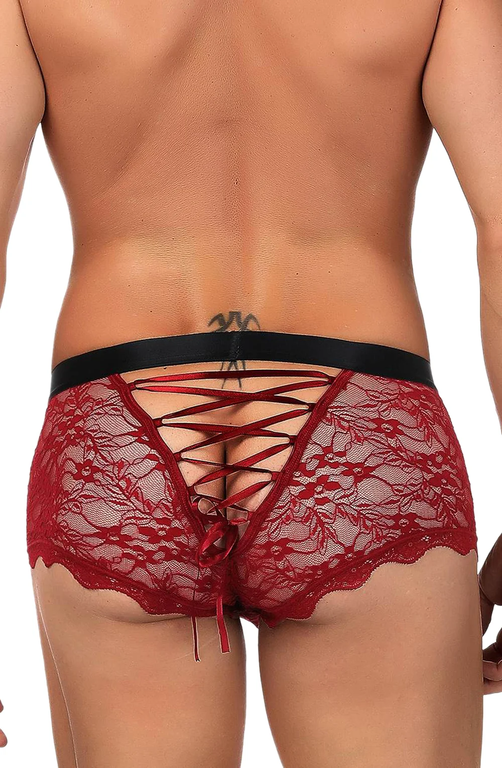 image 6 of YesX YX976 Men's Red Lace Boxer Brief with Criss-Cross Tie Detailing