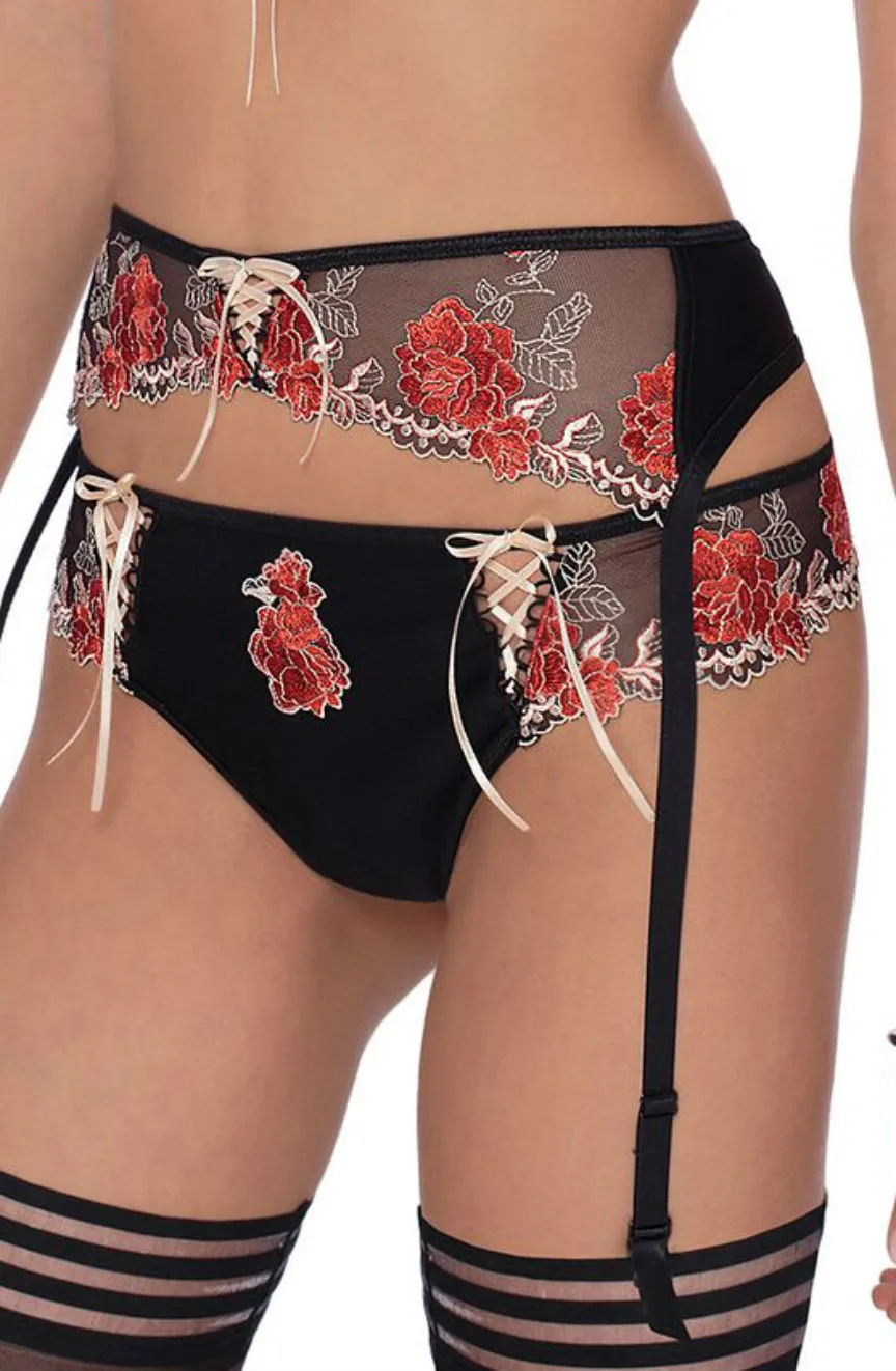 image of Roza Natali Black Embroidered Briefs - Floral Lingerie Set