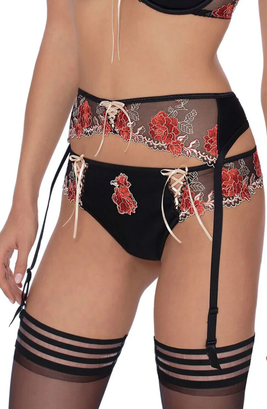 image of Roza Natali Black Embroidered Suspender Belt - Lingerie Accessory