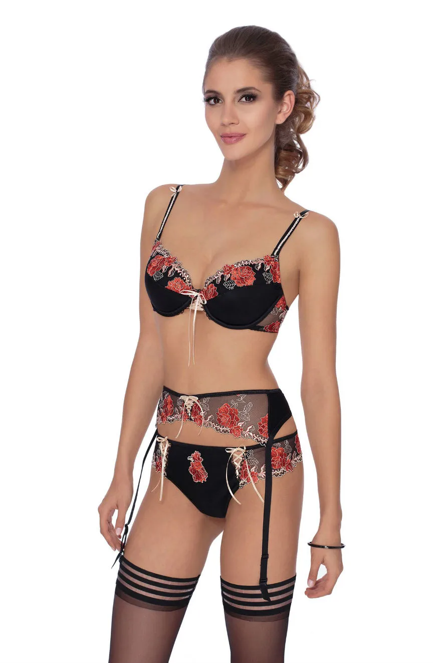 Roza Thong Natali - Black Floral Embroidered Lingerie for Women