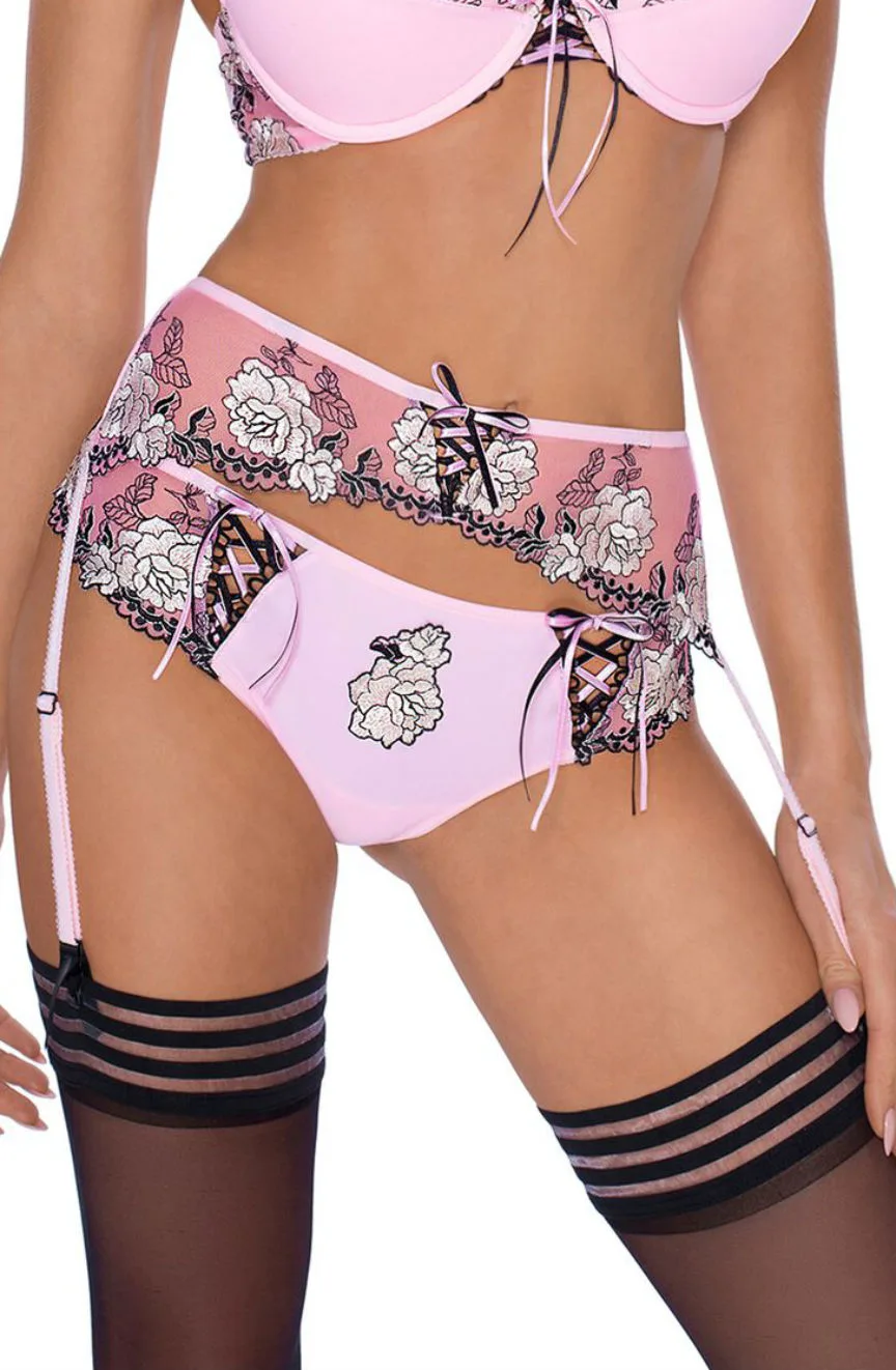 image 2 of Roza Natali Pink Suspender Belt - Floral Lingerie Set