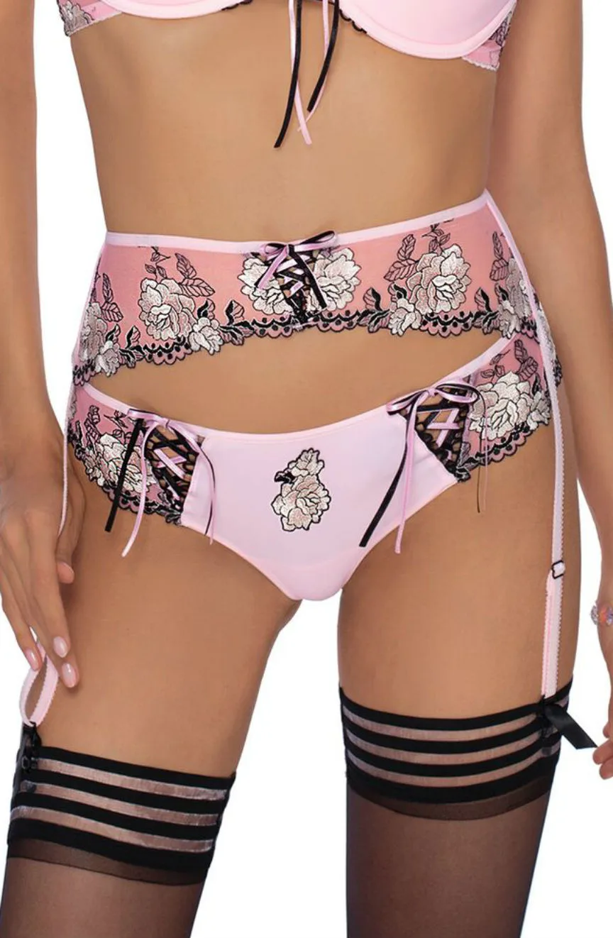 image 5 of Roza Pink Embroidered Floral Thong (Natali R221)