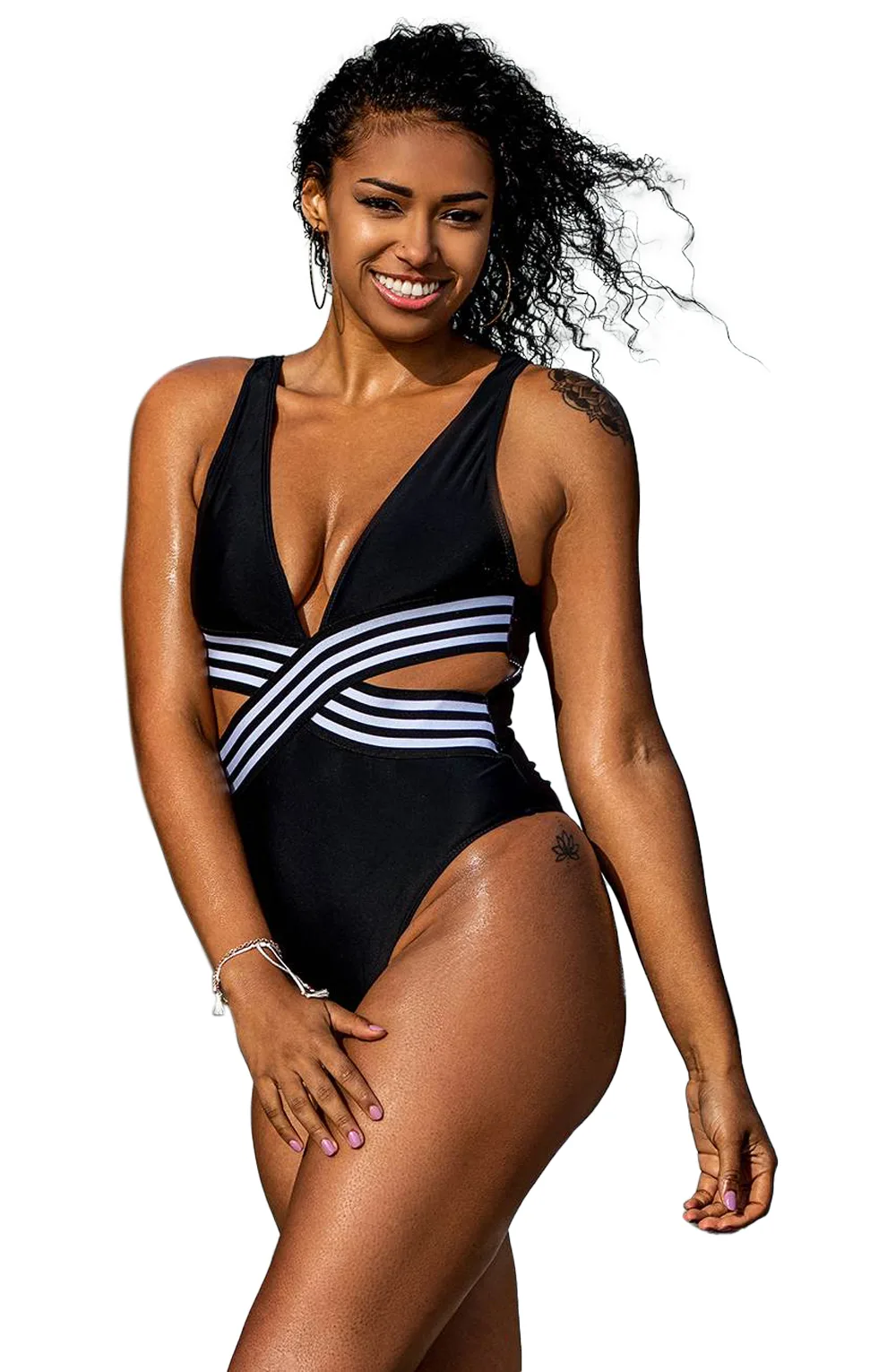 image 4 of YesX YX980 Black Swimsuit - Plunge Neckline & White Cut-Out Panels