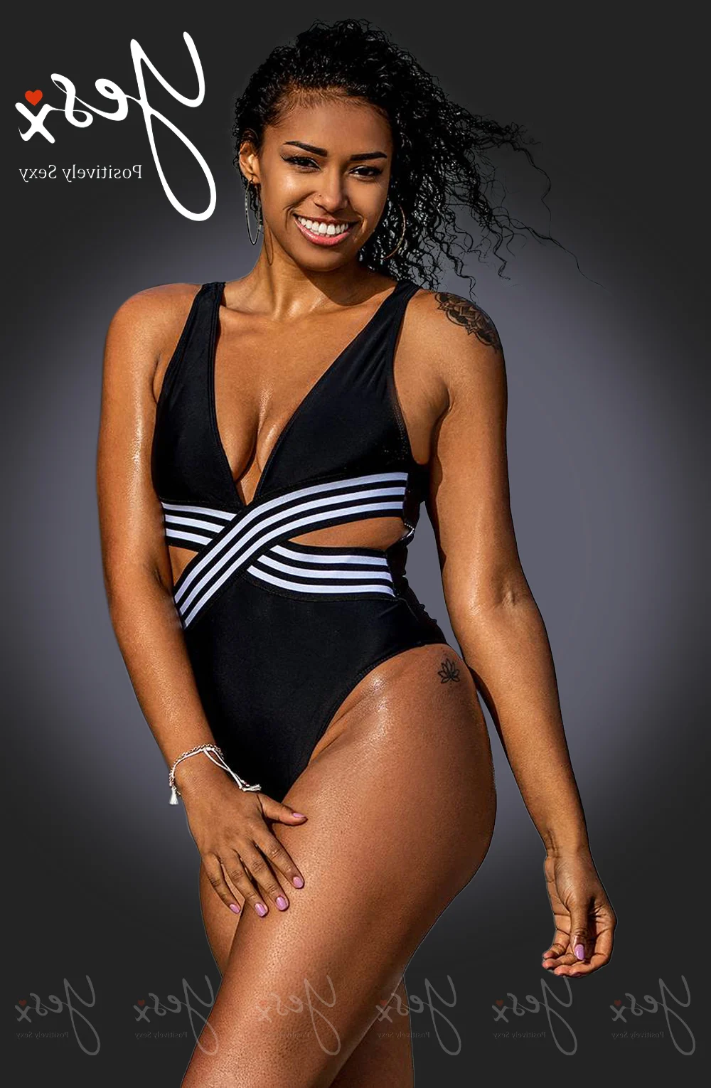 image 7 of YesX YX980 Black Swimsuit - Plunge Neckline & White Cut-Out Panels