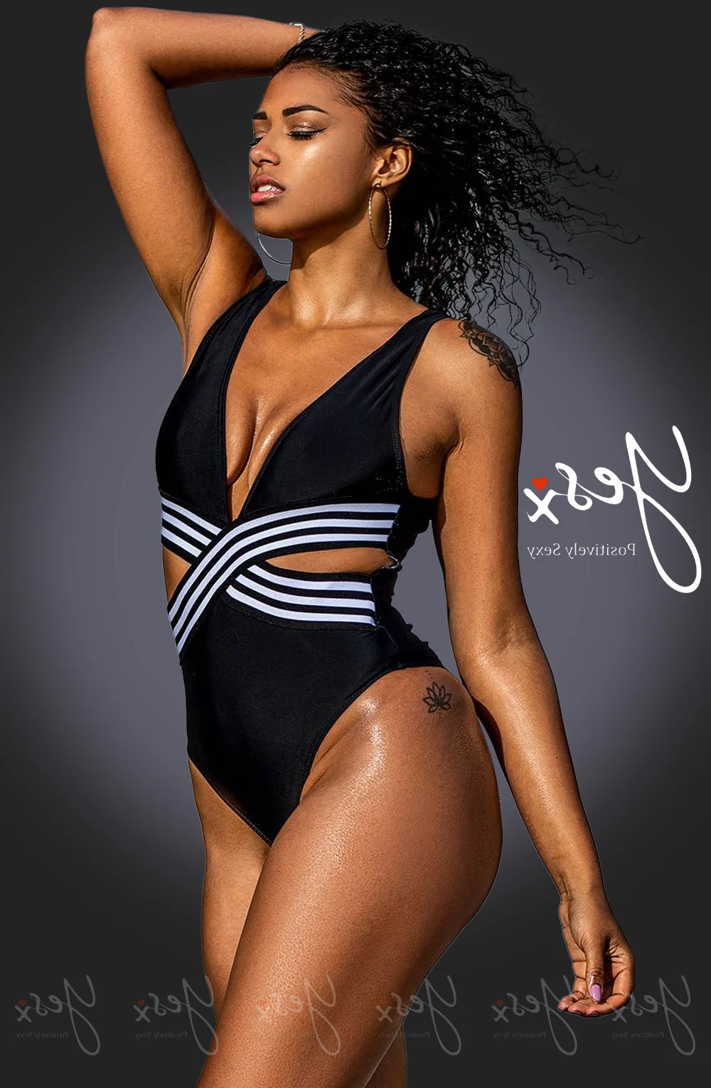 image 8 of YesX YX980 Black Swimsuit - Plunge Neckline & White Cut-Out Panels