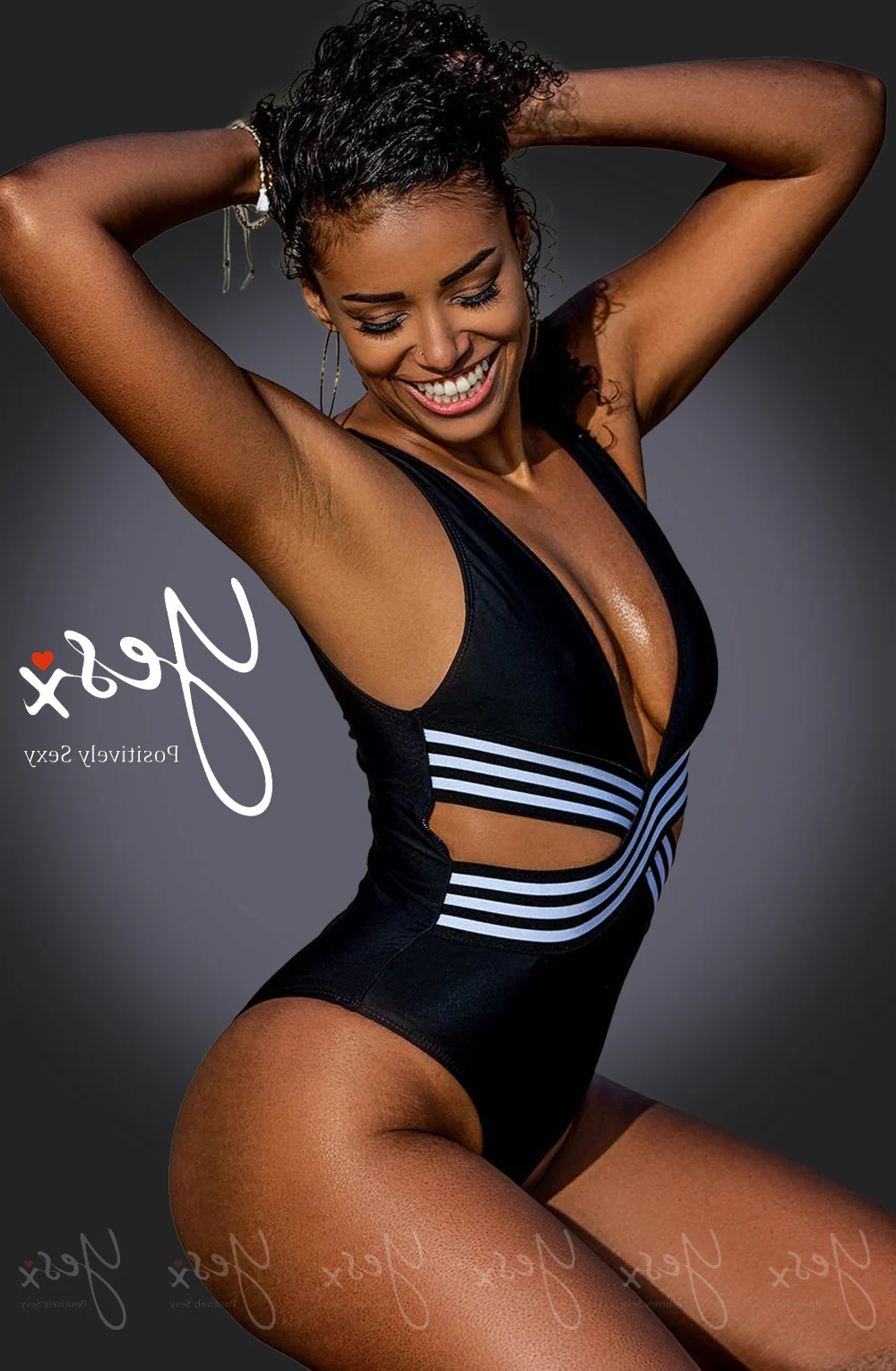 image 9 of YesX YX980 Black Swimsuit - Plunge Neckline & White Cut-Out Panels