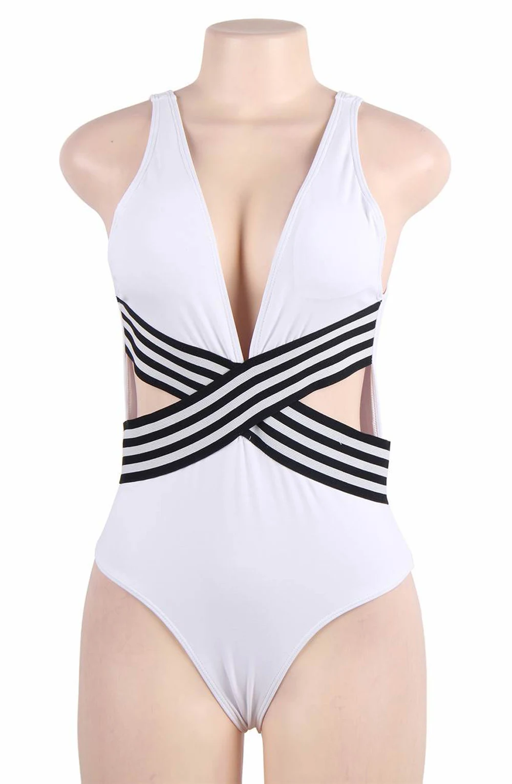 image 4 of YesX YX962 White Plunge Swimsuit with Black Cut-Out - Everyday Swimwear