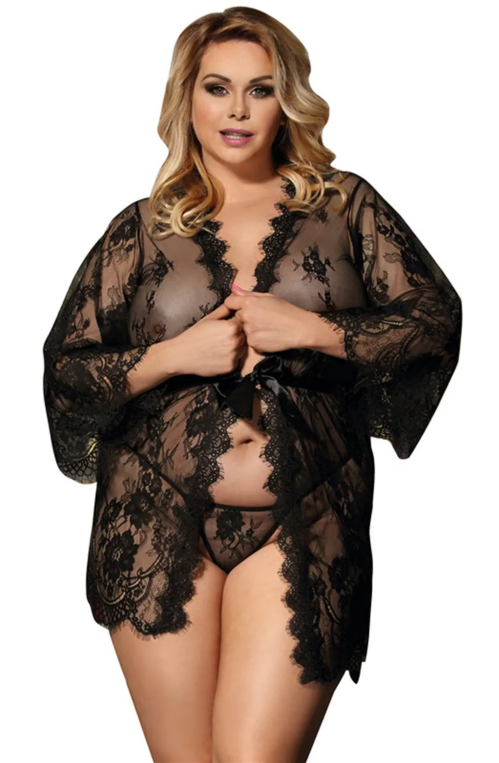 image 4 of YesX YX827Q Lace Robe Set with Satin Belt - Plus Size Nightwear