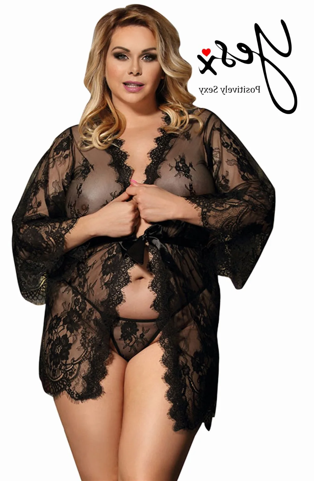 YesX YX827Q Lace Robe Set with Satin Belt - Plus Size Nightwear