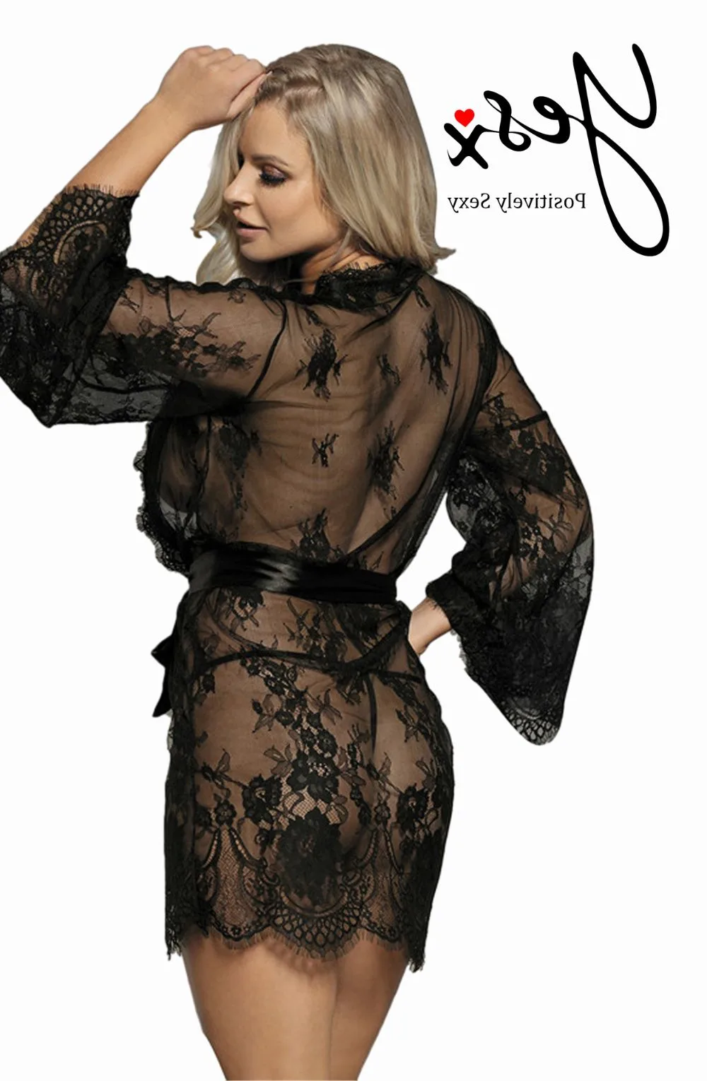 image 2 of YesX YX827 Lace Robe and Thong Set - Black