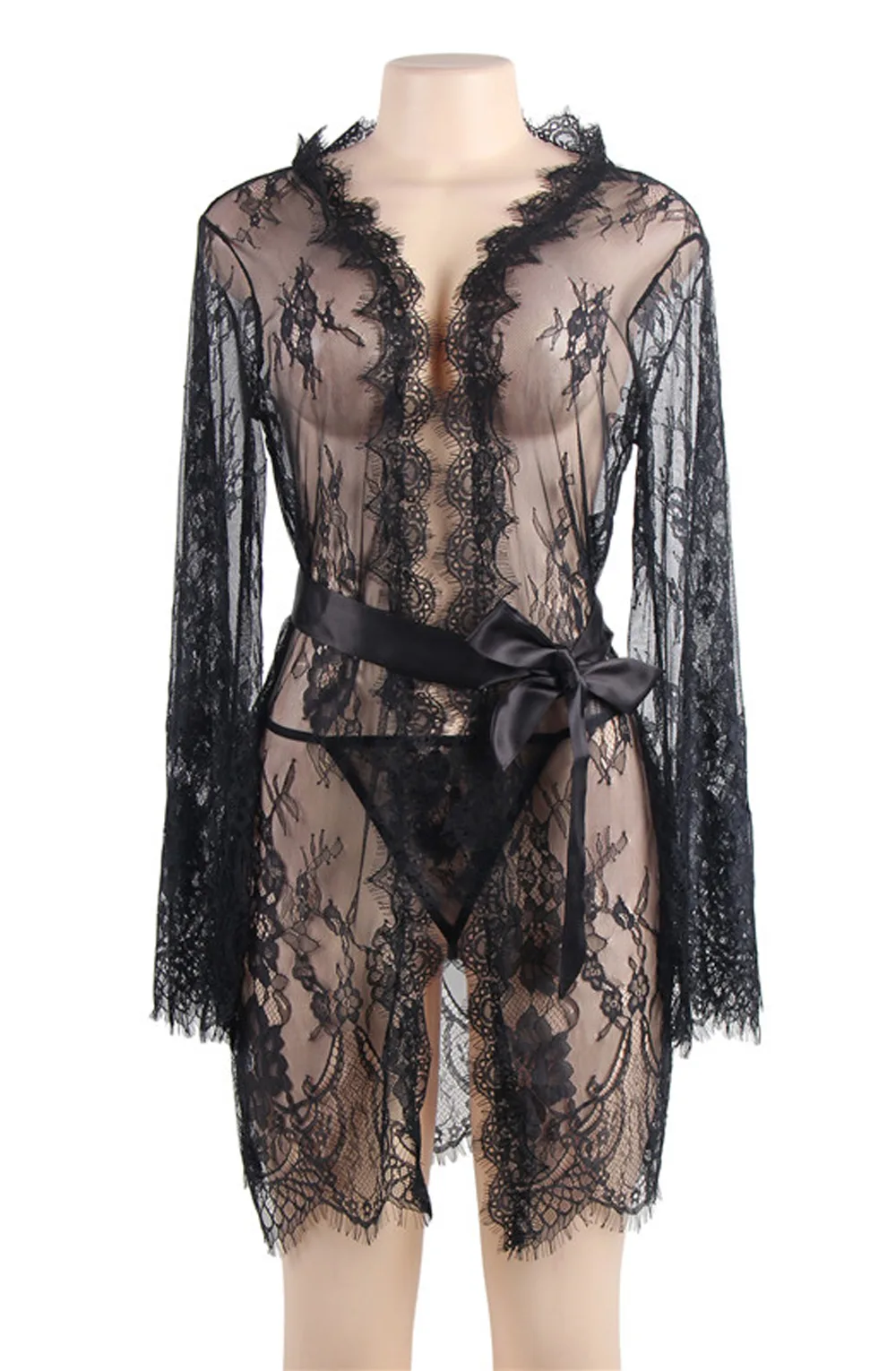 image 4 of YesX YX827 Lace Robe and Thong Set - Black