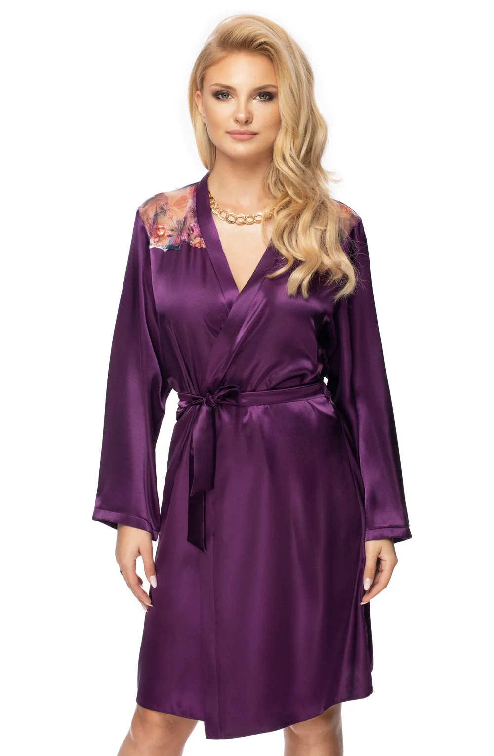 Irall Satin Floral Embroidered Plus Size Robe - Purple