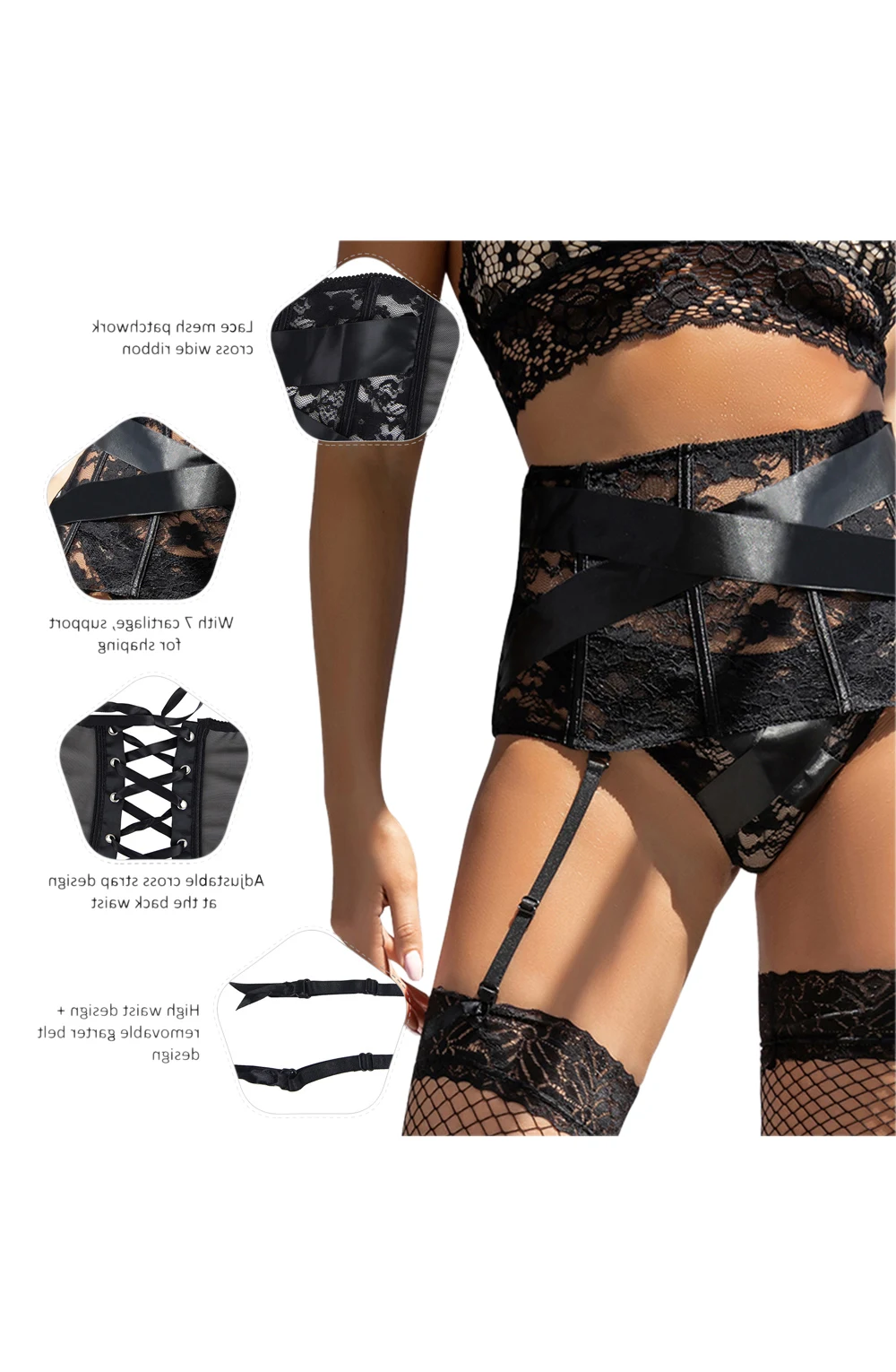 image 8 of YesX YX984 Seductive Lace Suspender Belt & Thong Set